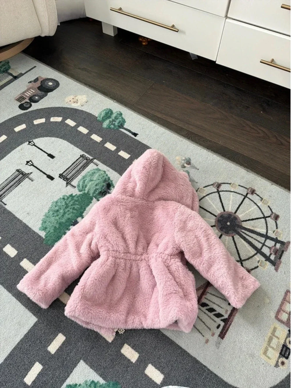 La Riva Pink Faux Fur Hooded Toddler Jacket with Bear Ears, Size 80 Or 12-18M